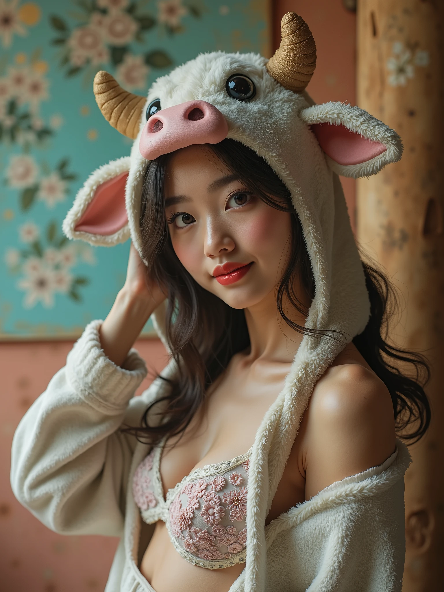 A woman in a cow costume is posing for a photo., Unclear message "Marsha" On the wall, Inspired by Edo Murtic, Tumblr, Beautiful bikini model, Barbie Anime, An incredibly cute and realistic bunny girl inspired by Nier. : Automata