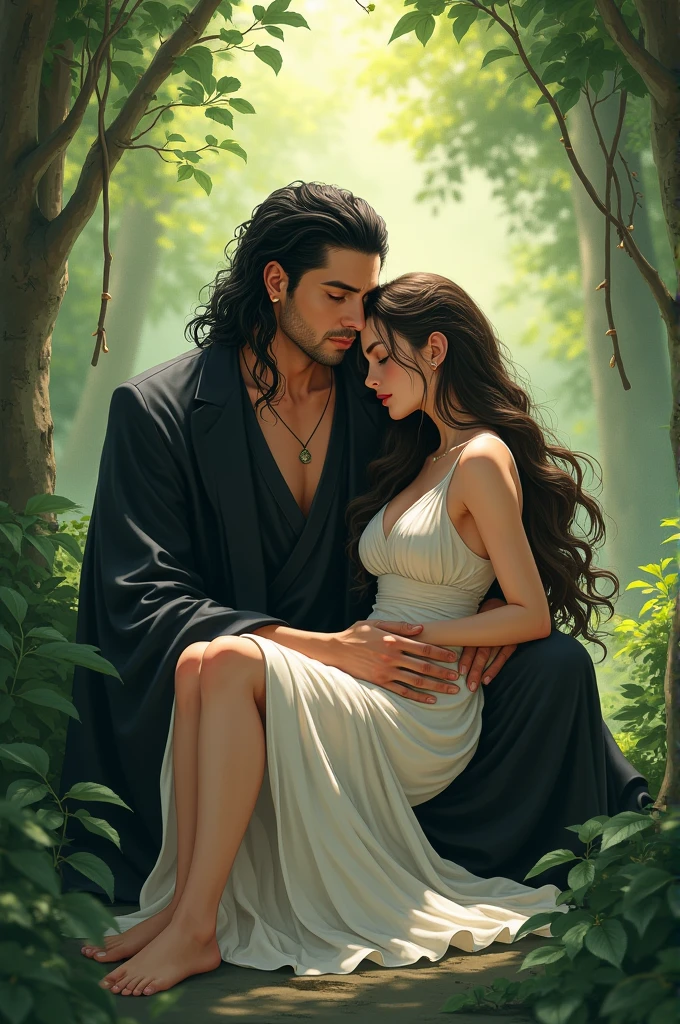 Happy couple, 1 girl 1 boy, Different hair color, Extraordinarily detailed face, Long black bangs and brown eyes. A young woman with long hair, a hair clip, a hair pin.,, A man with black hair, an open forehead, and dark grey eyes.,, Face to face, 35 years old, , (Young woman in a pink floral dress), (Young man in jeans ), The light is dim.,, The boy is tall, has broad shoulders, a sharp face, and fierce eyes., Height difference , Background, night, grassland, lights, sitting, summer, desert, Pink clouds, A land full of roses, Art Station Display, Ultra Wide Lens, high definition,