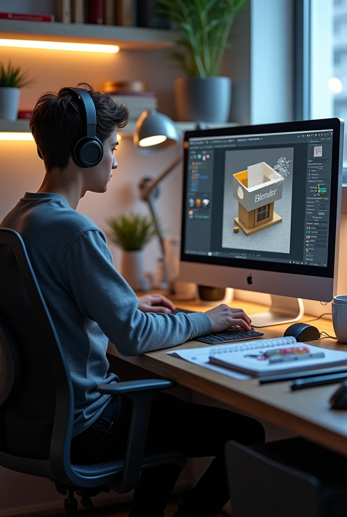 Create a highly detailed and realistic image of a modern workspace where a person is engaged in 3D modeling using Blender software on a computer. The scene should include a desk with a large monitor displaying the Blender interface, showing a 3D model being edited. The person, a young adult, is seated at the desk, dressed casually, wearing headphones, and focused on the screen. They are using a mouse and keyboard to interact with the software. The workspace should also feature elements like a coffee mug, sketchpads, and Blender-related books, highlighting a creative and professional environment."