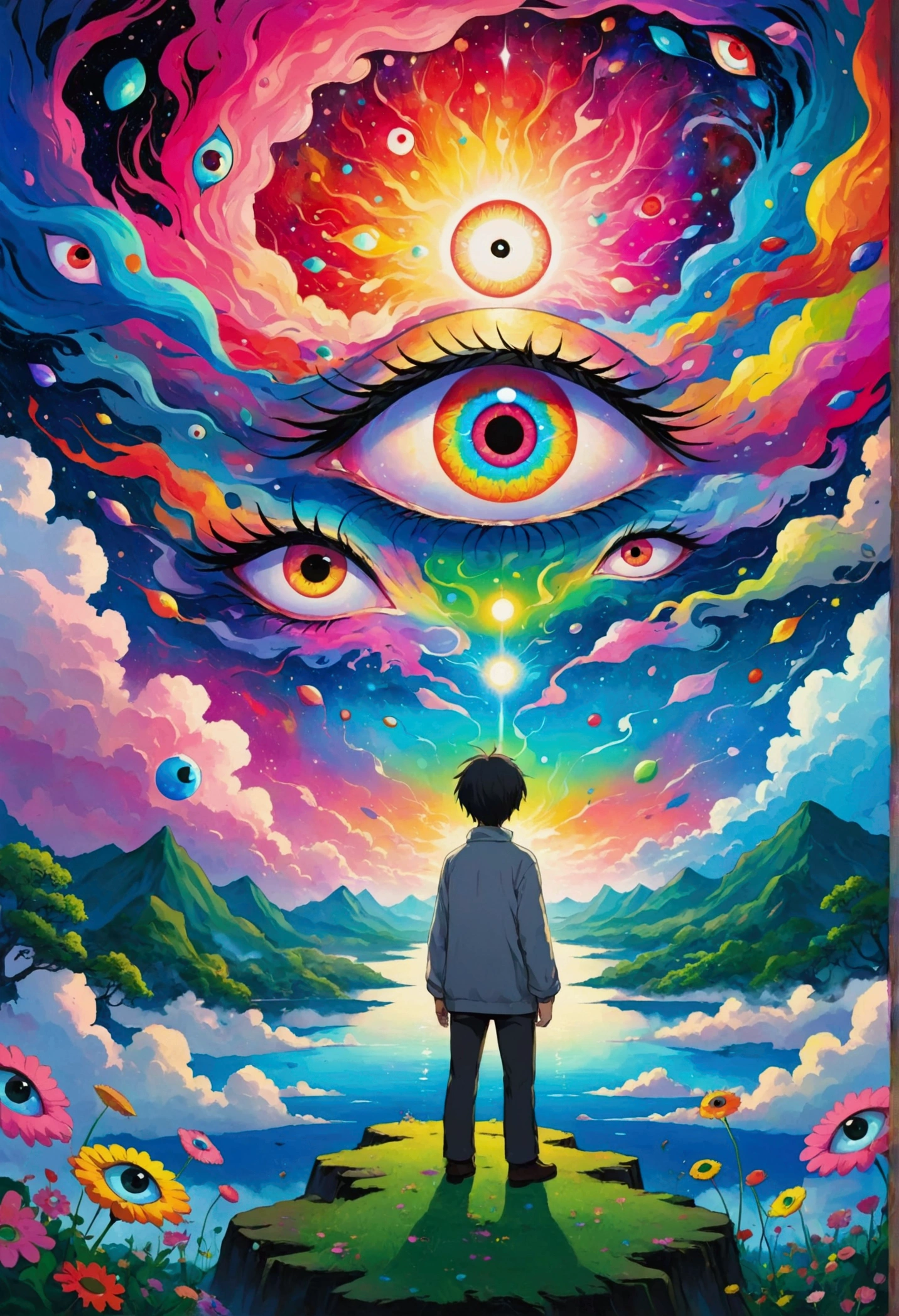 The painting shows a man standing in front of a colorful eye, Illustration of Murakami Chemical, pixiv, Concept Art, Fantasy psychedelic anime, Color illustrations, Psychedelic illustration, Look into my eyes, Blurred dreamy illustration, human eyes, Blurred dream illustration, an eye, No Eyes, Keep your eyes open, Eye of the Universe