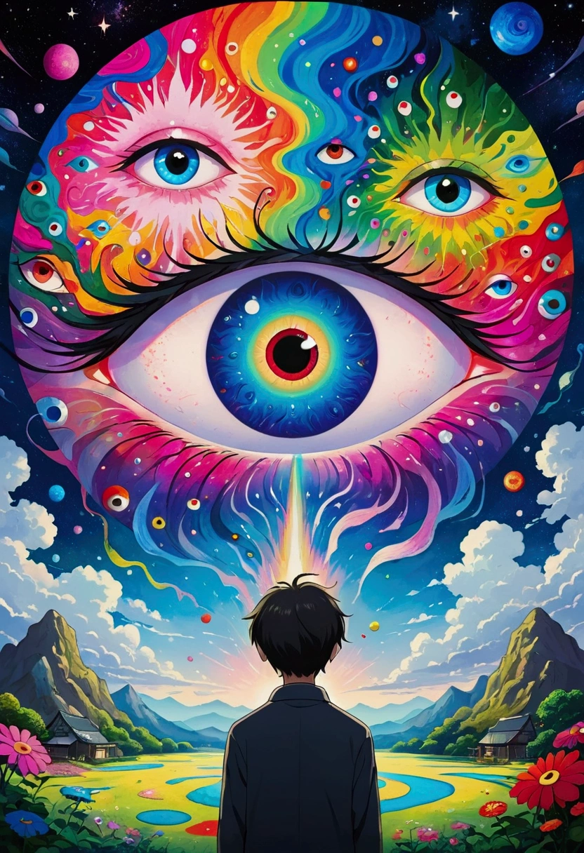 The painting shows a man standing in front of a colorful eye, Illustration of Murakami Chemical, pixiv, Concept Art, Fantasy psychedelic anime, Color illustrations, Psychedelic illustration, Look into my eyes, Blurred dreamy illustration, human eyes, Blurred dream illustration, an eye, No Eyes, Keep your eyes open, Eye of the Universe