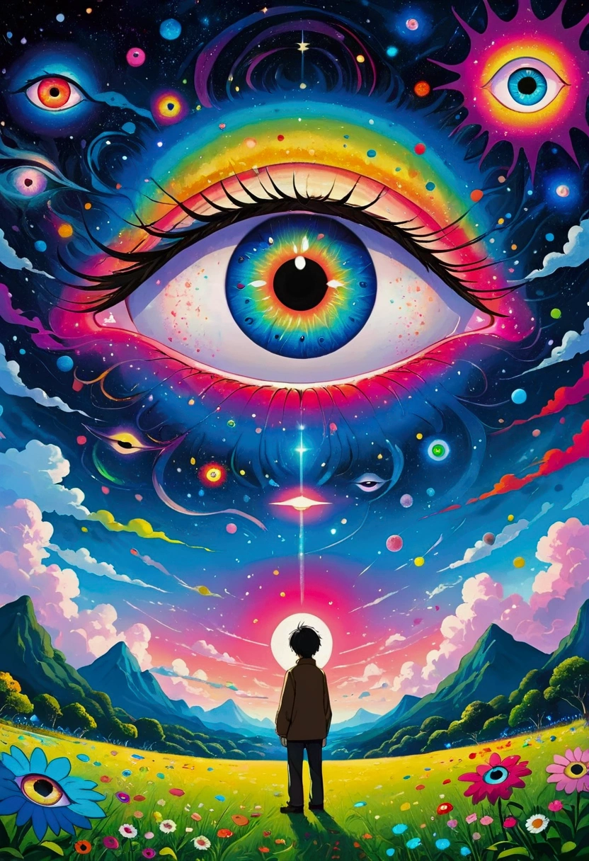 The painting shows a man standing in front of a colorful eye, Illustration of Murakami Chemical, pixiv, Concept Art, Fantasy psychedelic anime, Color illustrations, Psychedelic illustration, Look into my eyes, Blurred dreamy illustration, human eyes, Blurred dream illustration, an eye, No Eyes, Keep your eyes open, Eye of the Universe
