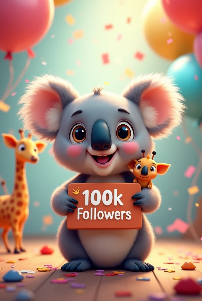 Image of an animated koala with a 100k followers sign with a small giraffe on his shoulder. With confetti and balloons in celebration mode. super cute