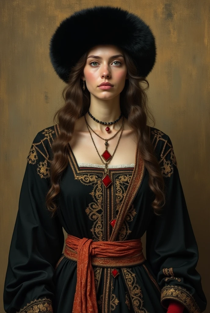 Design me a {{Colossal Masterpiece, realistic oil painting, best quality}}, a ((((a half body portrait)))), (((by Léon Bakst))), ((by Caspar David Friedrich)), (by J. C. Leyendecker), the composition is: (((a young noblewoman, sullen, sensual, facing viewer. She is wearing a fur hat. She is wearing a black Byzantine caftan with Praetorian elements, embroidered Slavic elements, sashes, red diamond pendant)))