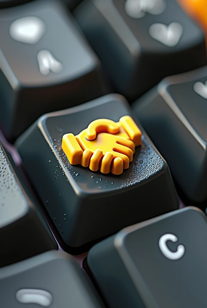Make a 3D looking keycap, the printout should be a yellow handshake icon, the view should not be centered, must be taken at a photographic angle