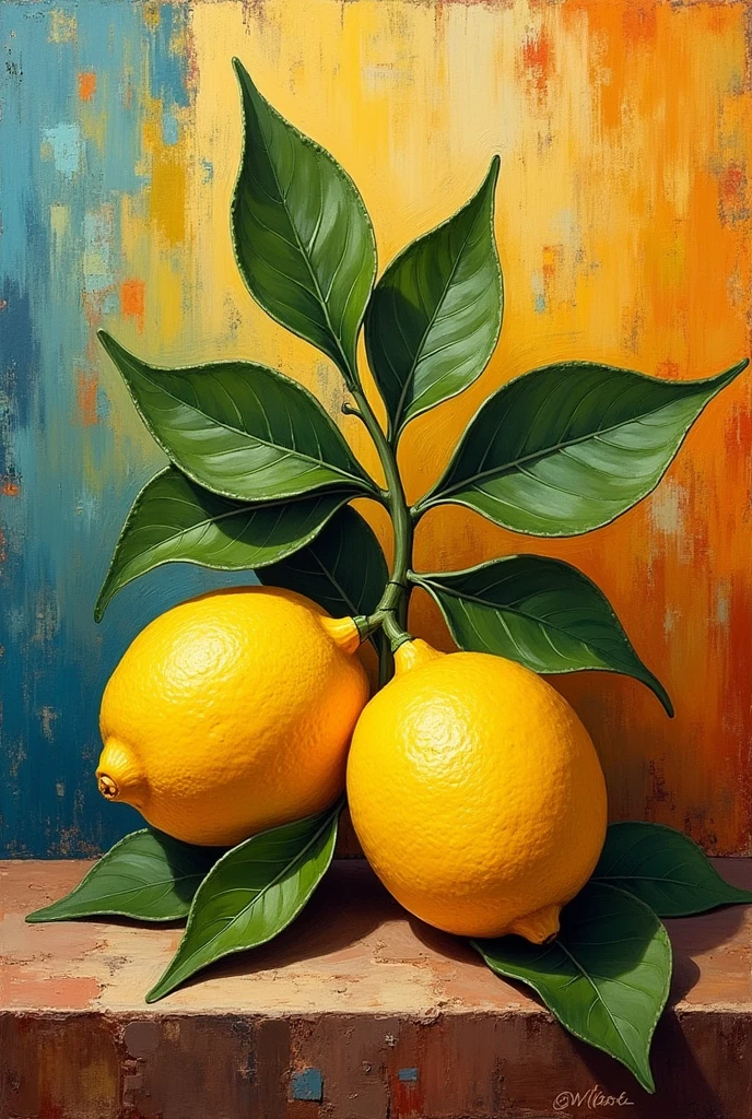painting two Sicilian lemons with a green branch on a colored background with the words "vibes e afins" written at the top