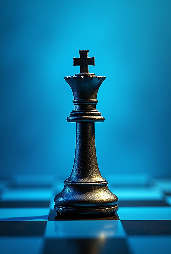 Blue background and the letters are diagonal and in the middle a chess king