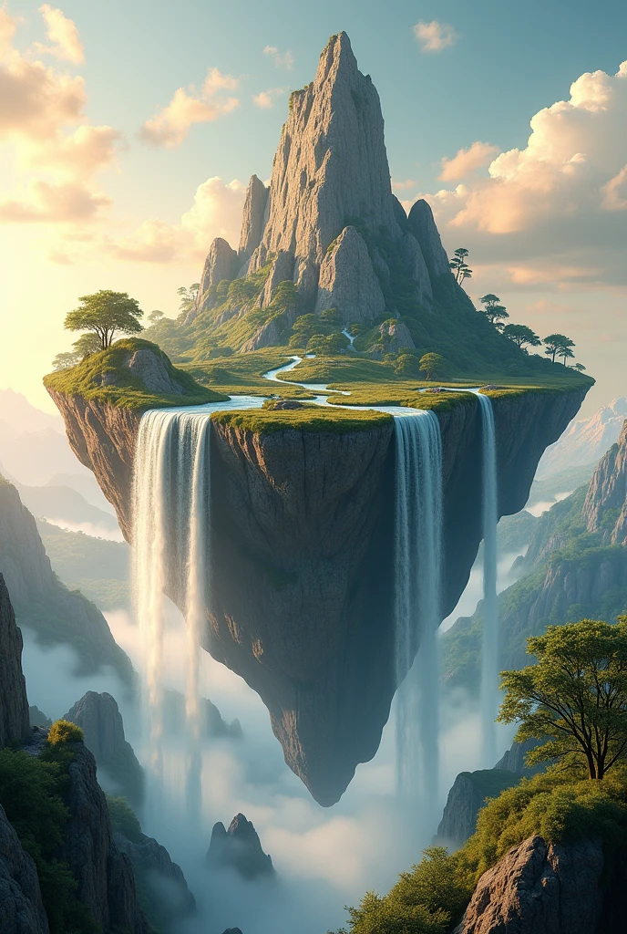 Create a flying mountain image with different geological rock materials, waterfalls, trees, and grass.,Floating in the sky,medium sized, There is a waterfall, stillness, peace, (best quality,4K,8ก,height,Masterpiece:1.2),Very detailed,(realistic,photorealistic,photo-realistic:1.37),Stunning mountain landscapes,Serene atmosphere,Warm golden light,Amazing sky with clouds, ,Beautiful scenery, There is no mountain in front, The background is a small mountain landscape.,