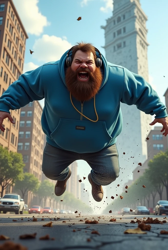 Fat man with a brown beard with broawn hair with a blue hoodie and headphones jumped and broke the road and the tower broken