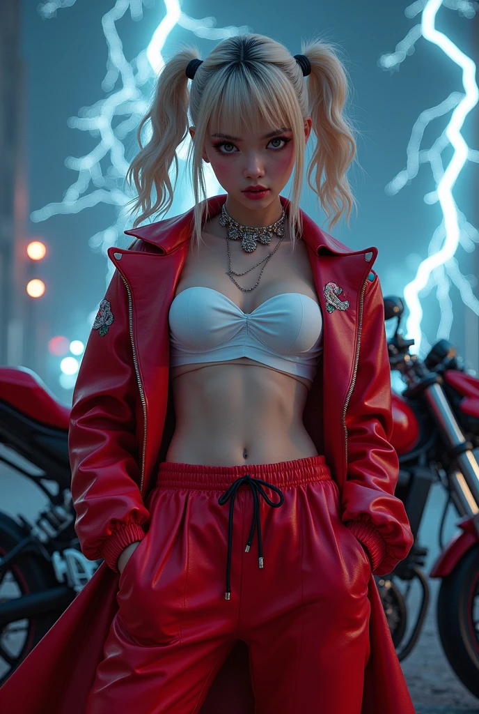 night、White tube top bra、Showing underboob、Red leather long coat、Red drawstring sweatpants、embroidery、Bakusozoku、Yankee、Belly on、Blonde、Black hairline、Wide forehead、short hair with twin tails、Get angry、lightning、dragon、bike
