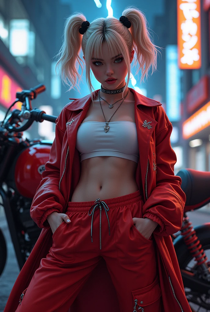 night、White tube top bra、Showing underboob、Red leather long coat、Red drawstring sweatpants、embroidery、Bakusozoku、Yankee、Belly button、Blonde、Black hairline、Wide forehead、short hair with twin tails、Get angry、lightning、dragon、bike