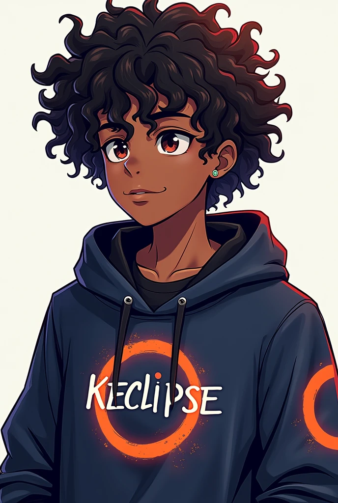 A black man with curly hair who has a hoodie and knows that it says KEclipse with an eclipse of the theme of the young gamige who makes male anime