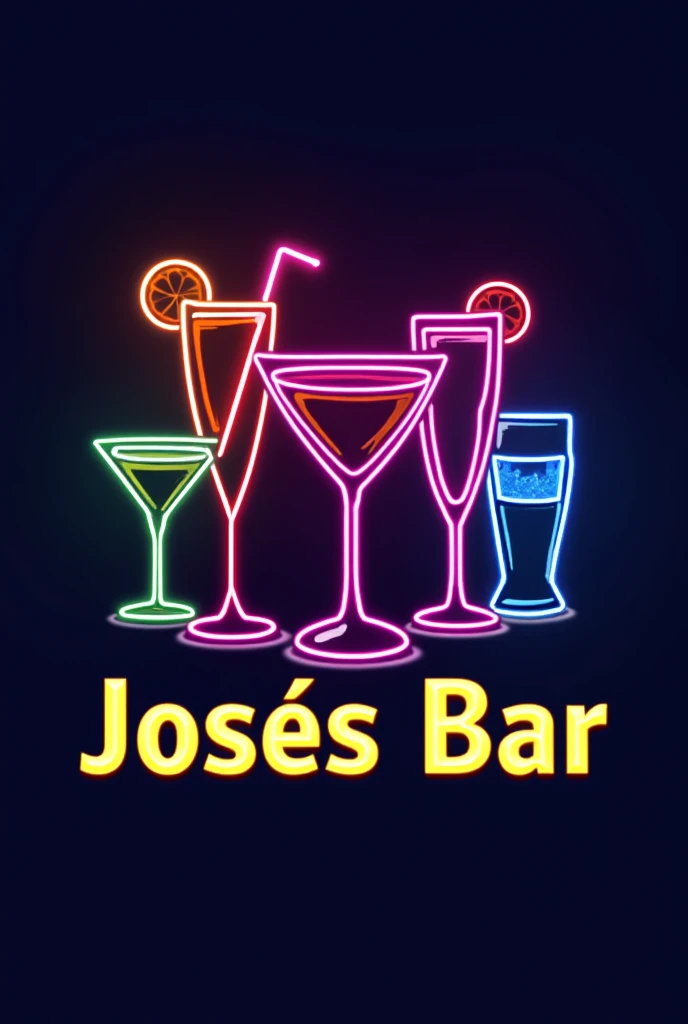 Logo Description:

Main Text: "Jose&#39;s Bar" 
Central Element: silhouettes of cocktails and whiskey and beers in neon colors
