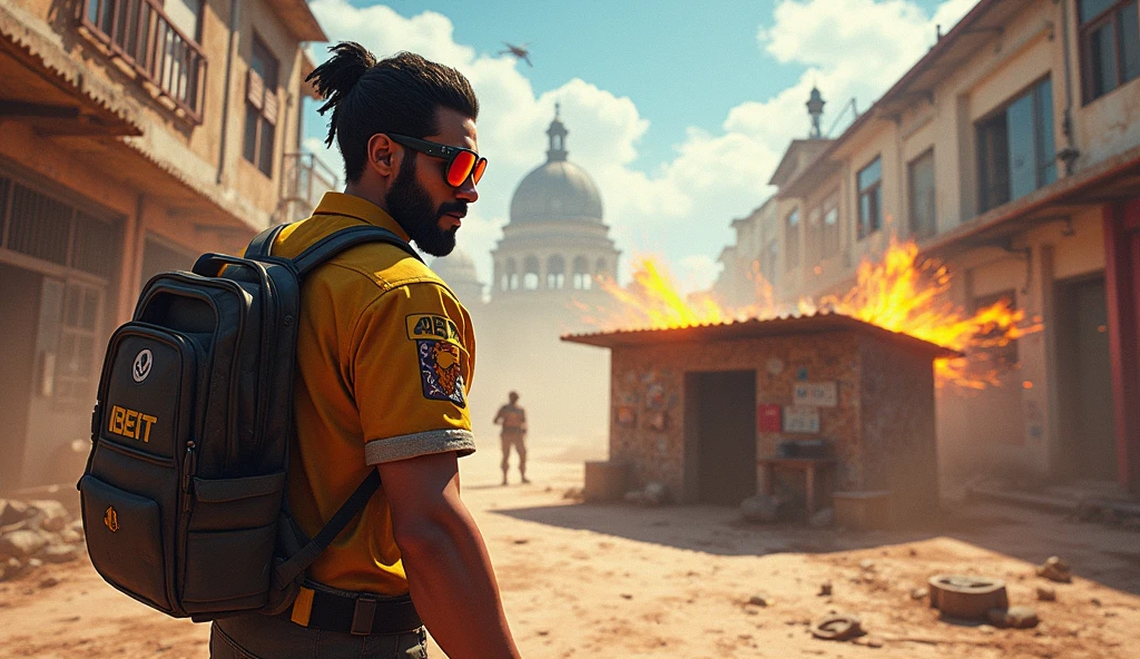 Scene 7: Location: Cape Town
Alok Free Fire, with sunglasses on, defends a small shack as enemies swarm. His "Drop the Beat" ability heals his team, giving them the edge in the firefight.