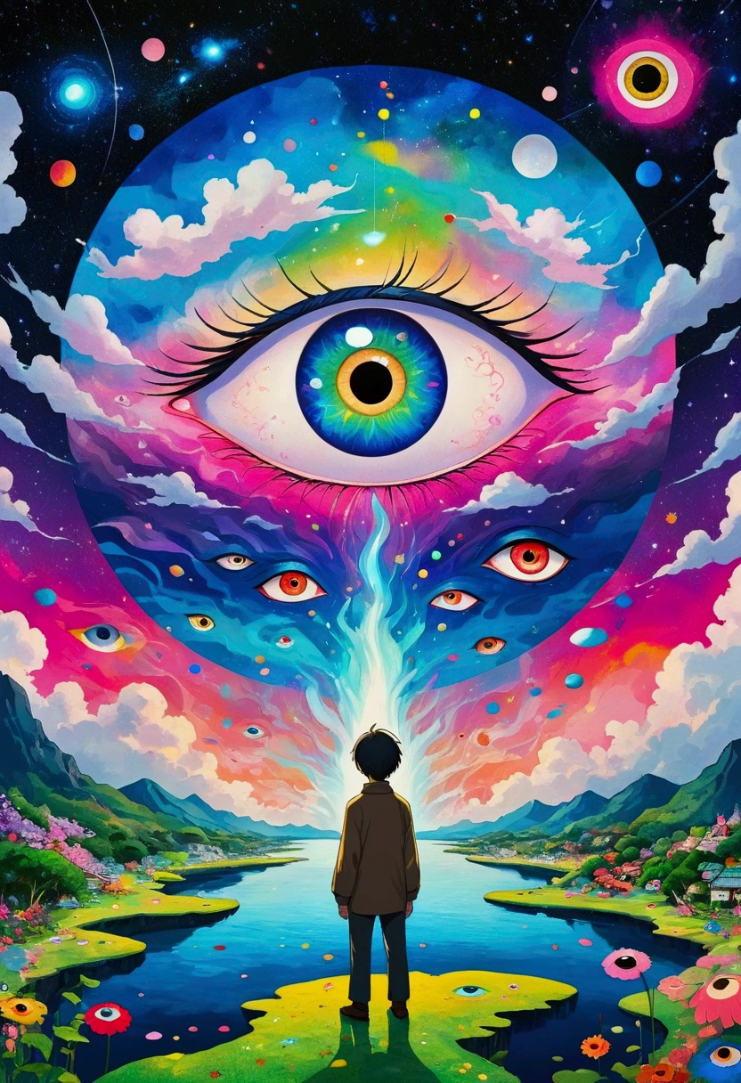 The painting shows a man standing in front of a colorful eye, Illustration of Murakami Chemical, pixiv, Concept Art, Fantasy psychedelic anime, Color illustrations, Psychedelic illustration, Look into my eyes, Blurred dreamy illustration, human eyes, Blurred dream illustration, an eye, No Eyes, Keep your eyes open, Eye of the Universe