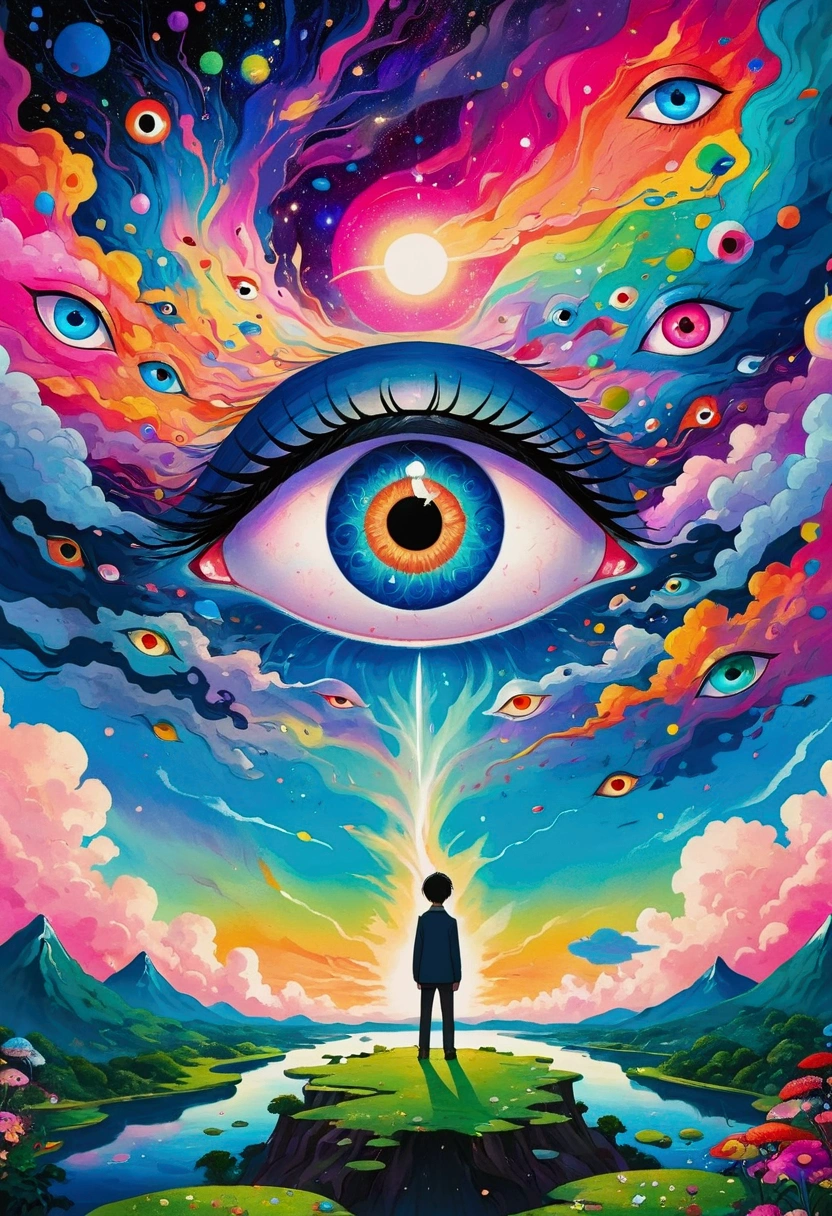 The painting shows a man standing in front of a colorful eye, Illustration of Murakami Chemical, pixiv, Concept Art, Fantasy psychedelic anime, Color illustrations, Psychedelic illustration, Look into my eyes, Blurred dreamy illustration, human eyes, Blurred dream illustration, an eye, No Eyes, Keep your eyes open, Eye of the Universe