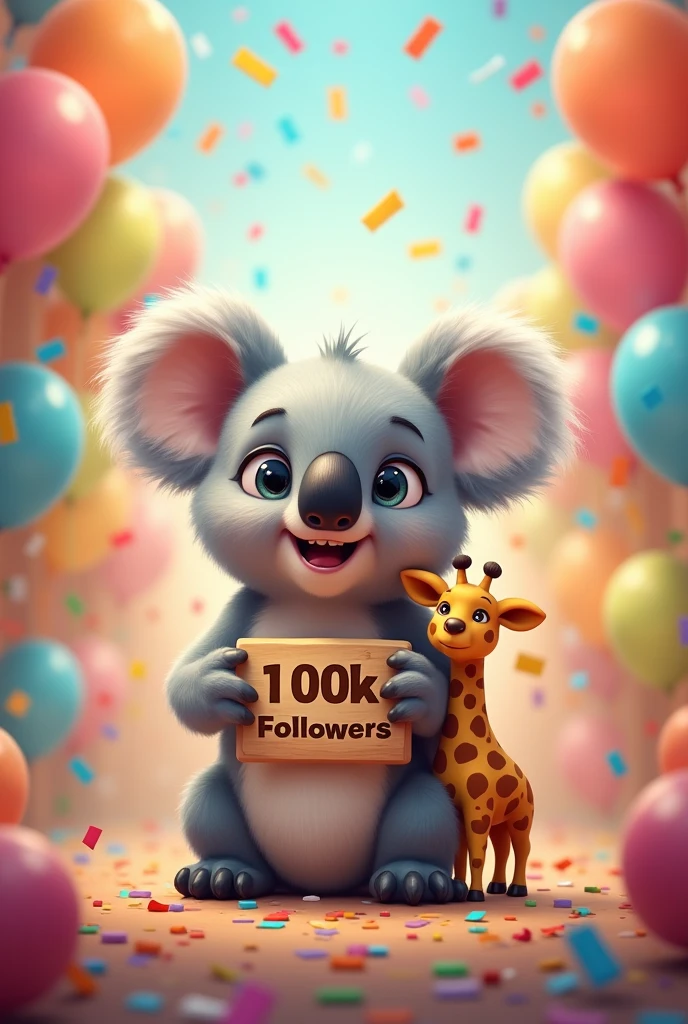 Image of an animated koala with a 100k followers sign with a small giraffe on his shoulder. With confetti and balloons in celebration mode. super cute