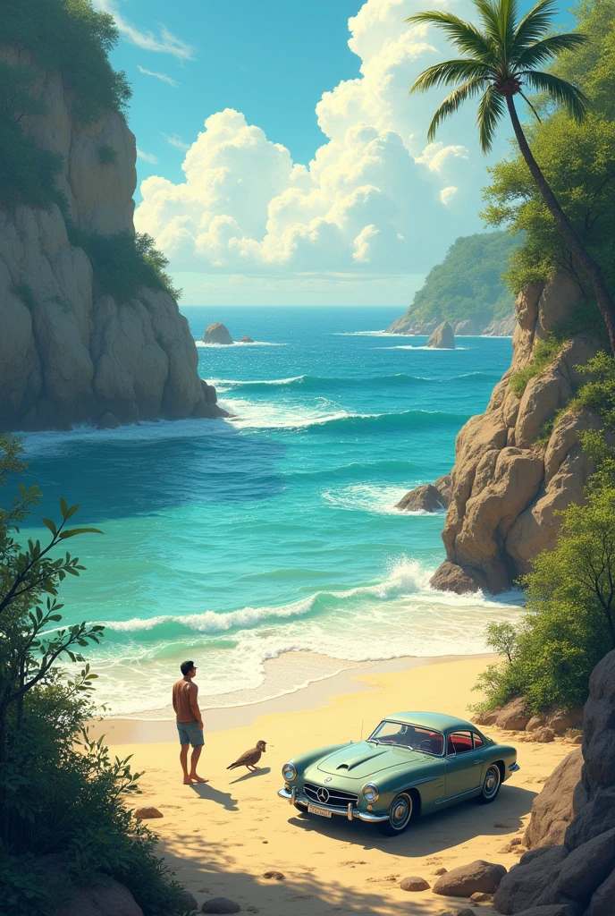 Sea with beach man with car animal 