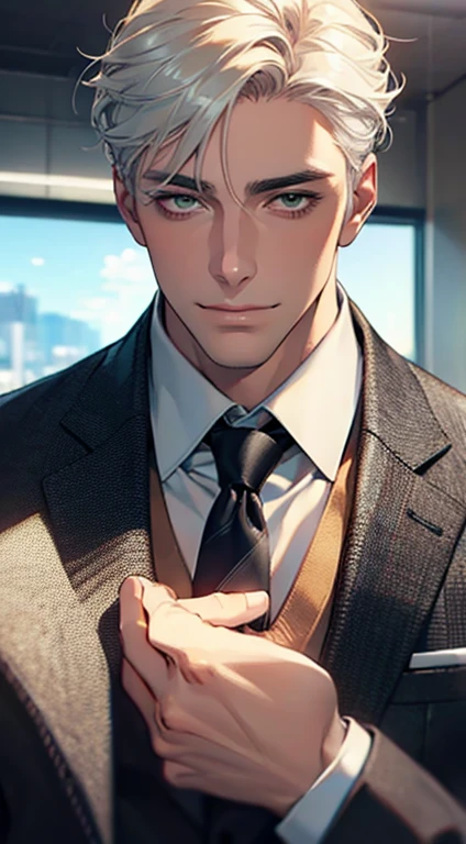 (Highest quality,4K,8K,High resolution,masterpiece:1.2),Super detailed,(Realistic,photoRealistic,photo-Realistic:1.37),1 personld,Mature Men,Beautiful skin、very handsome,Expressionless smile in love,Short white hair,green eyes,Sharp Eyes,A perfect face without a doubt,Businessman, CEO, Office Background,Cinema Lighting,HDR image,tie、