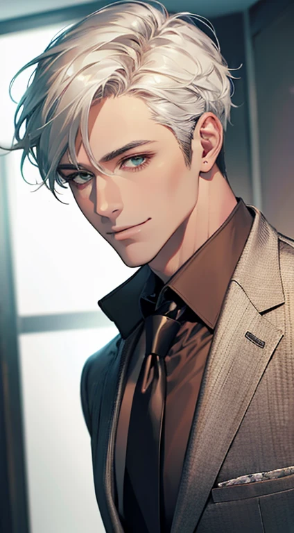 (Highest quality,4K,8K,High resolution,masterpiece:1.2),Super detailed,(Realistic,photoRealistic,photo-Realistic:1.37),1 personld,Mature Men,Beautiful skin、very handsome,Expressionless smile in love,Short white hair,green eyes,Sharp Eyes,A perfect face without a doubt,Businessman, CEO, Office Background,Cinema Lighting,HDR image,tie、