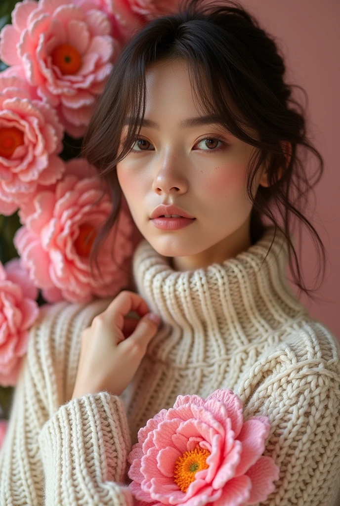 European woman model wearing thick beige knitted sweater with lots of crochet flowers in high relief in pink colors without holes