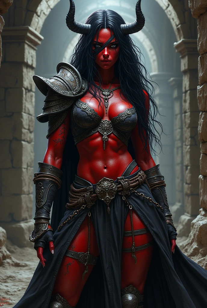Make me a warrior tiefling woman dungeons and dragons like, with red skin black hair, with her left eye under some bandage's