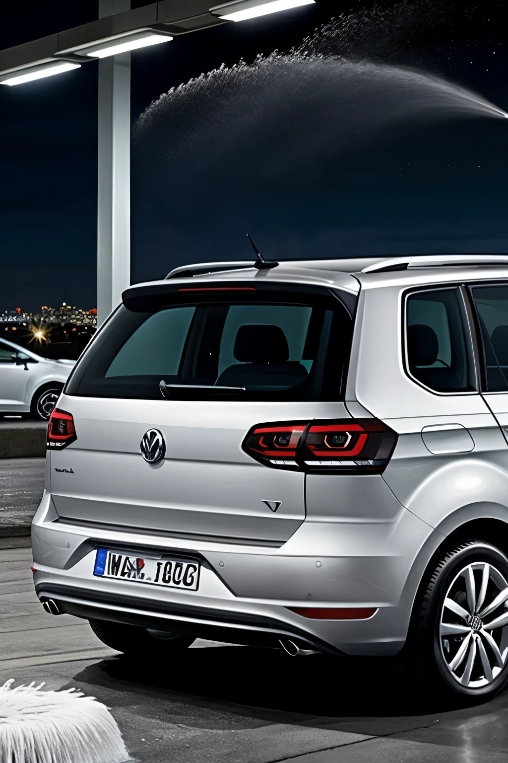 Car touran volkswagen 209 gray in carwash at night make it look real