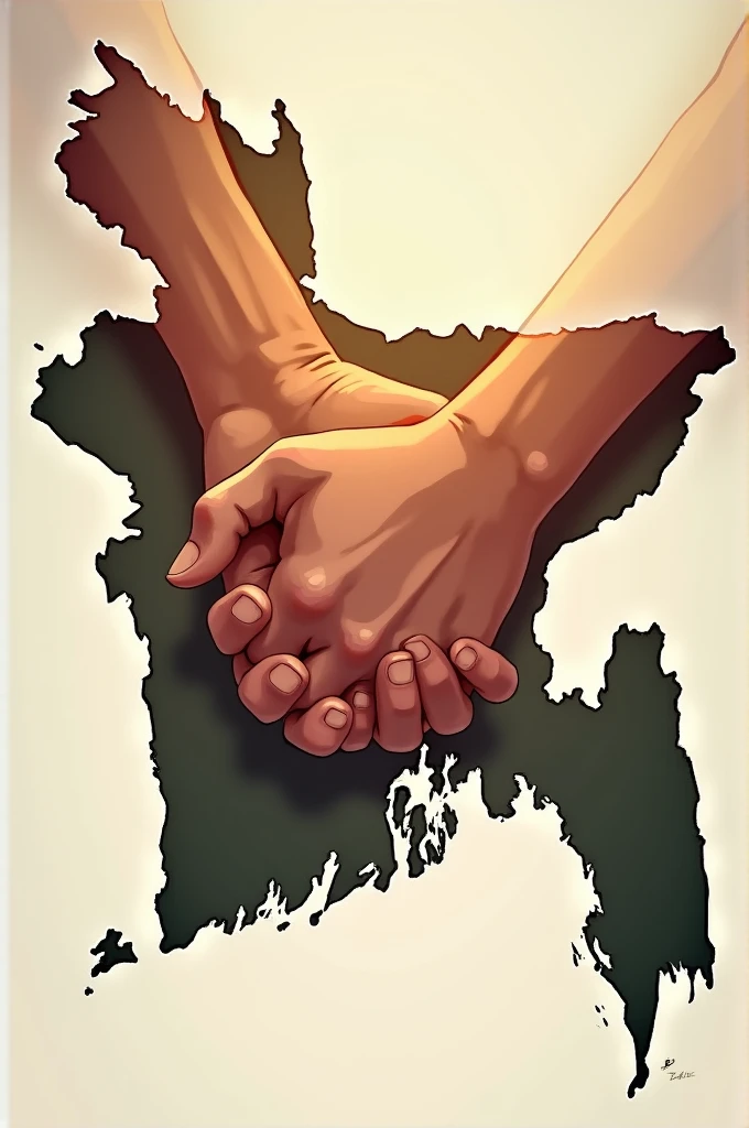 Two mens hands holding each other inside a map of Bangladesh