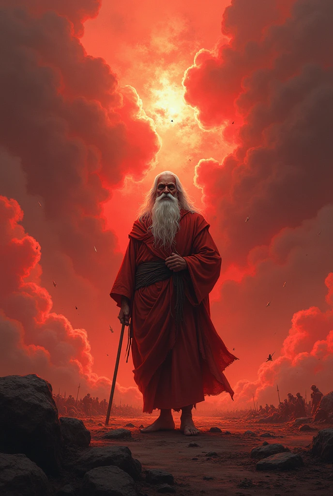 Old old bramhana person standing in middle of a war with full red clouds and full of arrows in the sky,that old person don't know what happening there