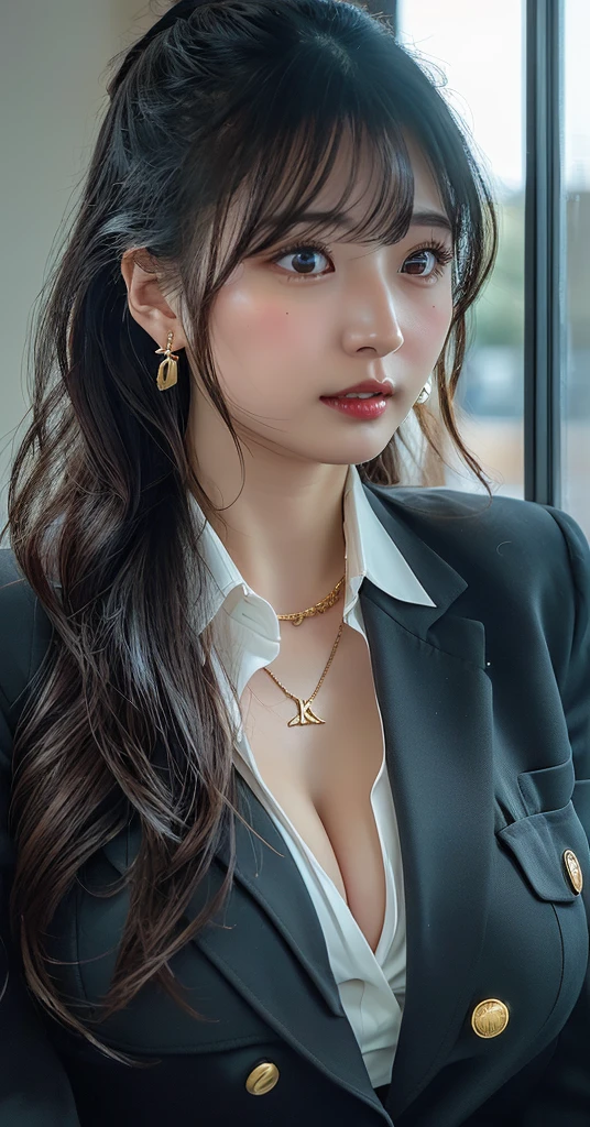 (8k,RAW Photos,Like the picture:1.45),masterpiece,Highest quality,wonderful,(セクシーなMature Woman:1),(Mature Woman:1.3), (2 woman.1.3)、(((very, very大きい)))、(((Extremely lewd and very huge boobs)))、(((Very deep cleavage)))、Hyper Real、In her office、A beautiful and dignified smile、Beautiful white skin、Beautiful, delicate and precise skin texture、With long, fluffy, beautiful brown hair(ponytail:1.0)、Beautiful Japanese Women、(Big Ass)、Thick thighs、Bright red lips、Gold earrings、Gold bracelet、Gold Necklace、{Charcoal gray suit(White blouse)}, (A badge with the SDGs symbol on the left lapel of the suit)