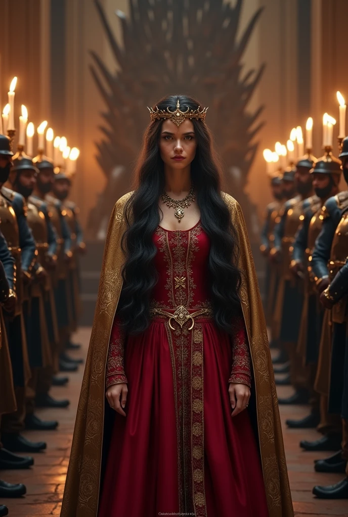 A beautiful Young  and beautiful princess with black long hair wearing a royal Red cotton Fabric Princess gown with dark golden cotton cloak,Her platinum blonde hair braided around her head like a ring, A black ring shaped flat large plane tiara on her head, She's standing straight, Iron throne from house of dragonson her background, candles around, soldiers on either sides, Photorealistic 