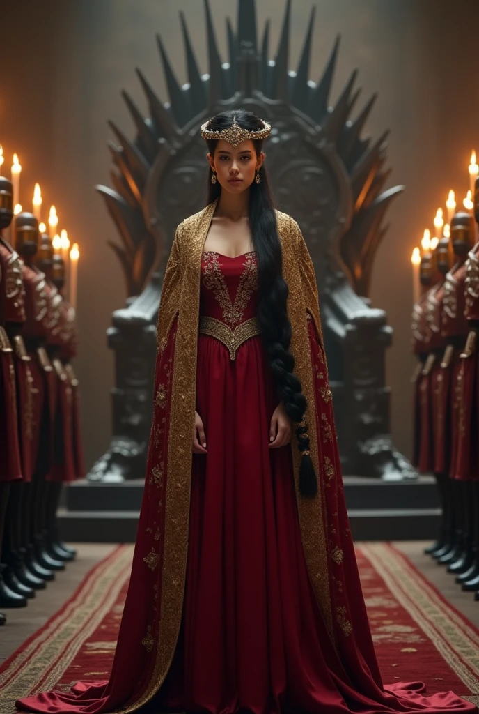 A beautiful Young  and beautiful princess with black long hair wearing a royal Red cotton Fabric Princess gown with dark golden cotton cloak,Her platinum blonde hair braided around her head like a ring, A black ring shaped flat large plane tiara on her head, She's standing straight, Iron throne from house of dragonson her background, candles around, soldiers on either sides, Photorealistic 