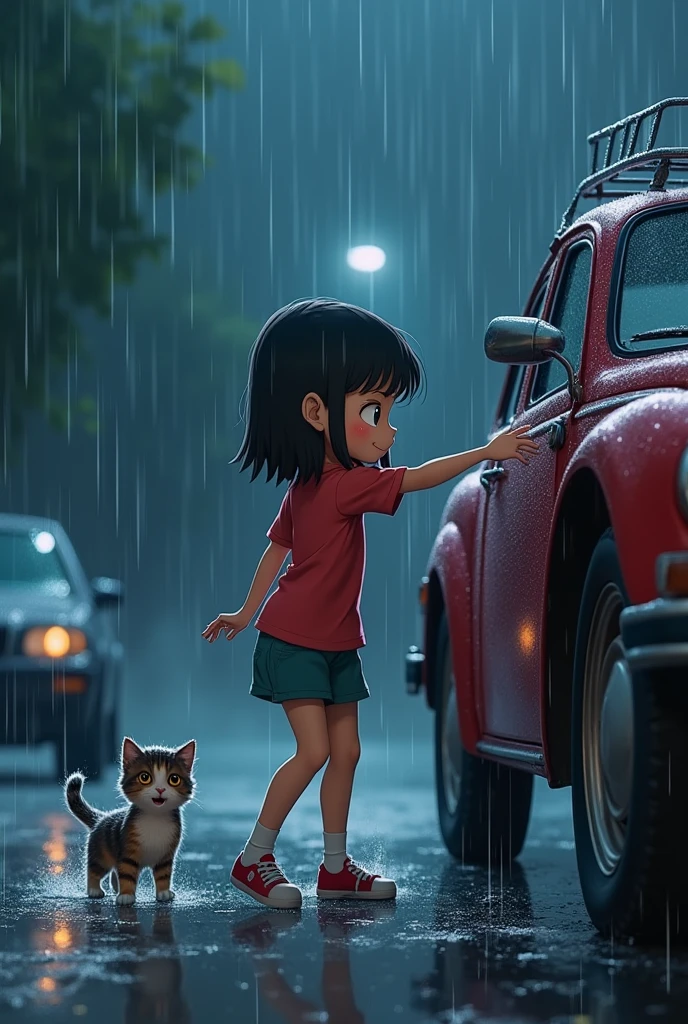 a girl rescuing a poor kitten under a car while raining drawing anime or cartoon
