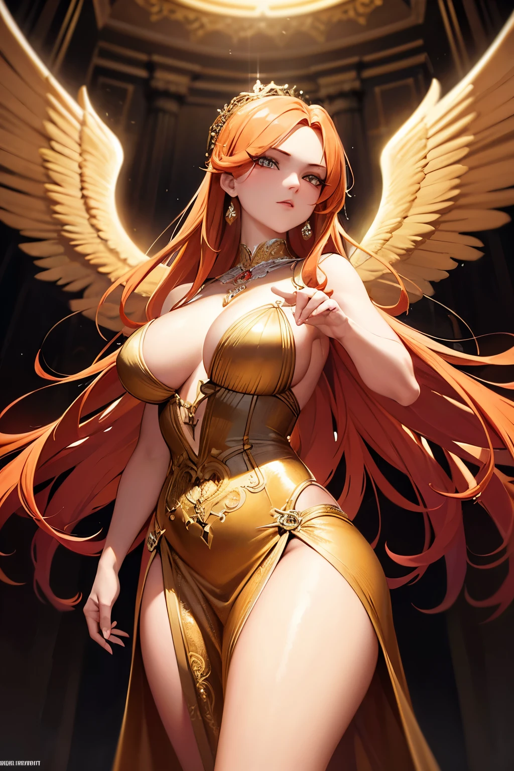 a beautiful angel woman with orange colored hair, angel wings, in a heaven ,very , detailed dress, intricately detailed portrait, striking facial features, piercing eyes, long flowing hair, elegant pose, luxurious gown, dramatic lighting, photorealistic, vibrant colors, cinematic composition, incredibly detailed, award winning digital art ,cinematic lighting ,dramatic composition ,muted colors ,chiaroscuro lighting, moody atmosphere, fine art painting ,detailed face ,highly detailed, masterpiece:2, best quality:1.5, 8k:2 ,4k ,2k