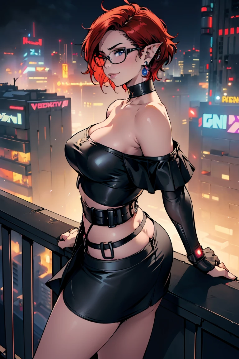 1girl, beautiful elf woman, ((Short Red Hair, Straight, has shine)) Blue eyes, double eyelids, light effect on eyes, detailed irises, beautiful curvy body, glasses, ((Off the Shoulder sleeveless Black top with mini skirt: 1.5)), black choker, black panties, black high heels, ((Work of art, hyper-realistic, hyper detailed, Best Quality, 16k, light and shadow on skin, vivid colors)), ((standing at balcony overlooking cyberpunk city, hands resting on balcony leaning onto it: 1.5)), Lustful Expression, ((Hands resting on top of chest)) perfect lips, sexy mature face, lots of freckles all over body, full pouty lips, extreme blush, sensual smile, ((Night)), moonlit sky, Flirting with the viewer, Looking at viewer, Flirty Lewd Smile, ((Large Breasts: 1.2)) ((Full Side View))