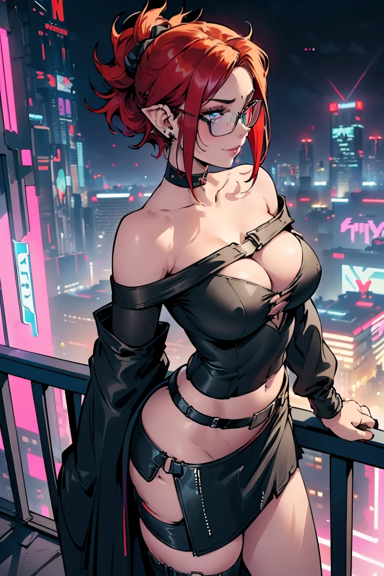 1girl, beautiful elf woman, ((Short Red Hair, Straight, has shine)) Blue eyes, double eyelids, light effect on eyes, detailed irises, beautiful curvy body, glasses, ((Off the Shoulder sleeveless Black top with mini skirt: 1.5)), black choker, black panties, black high heels, ((Work of art, hyper-realistic, hyper detailed, Best Quality, 16k, light and shadow on skin, vivid colors)), ((standing at balcony overlooking cyberpunk city, hands resting on balcony leaning onto it: 1.5)), Lustful Expression, ((Hands resting on top of chest)) perfect lips, sexy mature face, lots of freckles all over body, full pouty lips, extreme blush, sensual smile, ((Night)), moonlit sky, Flirting with the viewer, Looking at viewer, Flirty Lewd Smile, ((Large Breasts: 1.2)) ((Full Side View))
