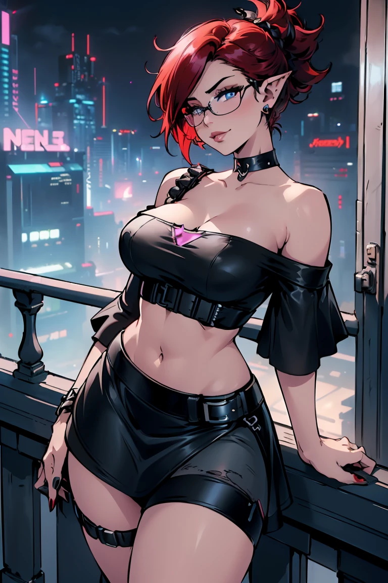 1girl, beautiful elf woman, ((Short Red Hair, Straight, has shine)) Blue eyes, double eyelids, light effect on eyes, detailed irises, beautiful curvy body, glasses, ((Off the Shoulder sleeveless Black top with mini skirt: 1.5)), black choker, black panties, black high heels, ((Work of art, hyper-realistic, hyper detailed, Best Quality, 16k, light and shadow on skin, vivid colors)), ((standing at balcony overlooking cyberpunk city, hands resting on balcony leaning onto it: 1.5)), Lustful Expression, ((Hands resting on top of chest)) perfect lips, sexy mature face, lots of freckles all over body, full pouty lips, extreme blush, sensual smile, ((Night)), moonlit sky, Flirting with the viewer, Looking at viewer, Flirty Lewd Smile, ((Large Breasts: 1.2)) ((Full Side View))
