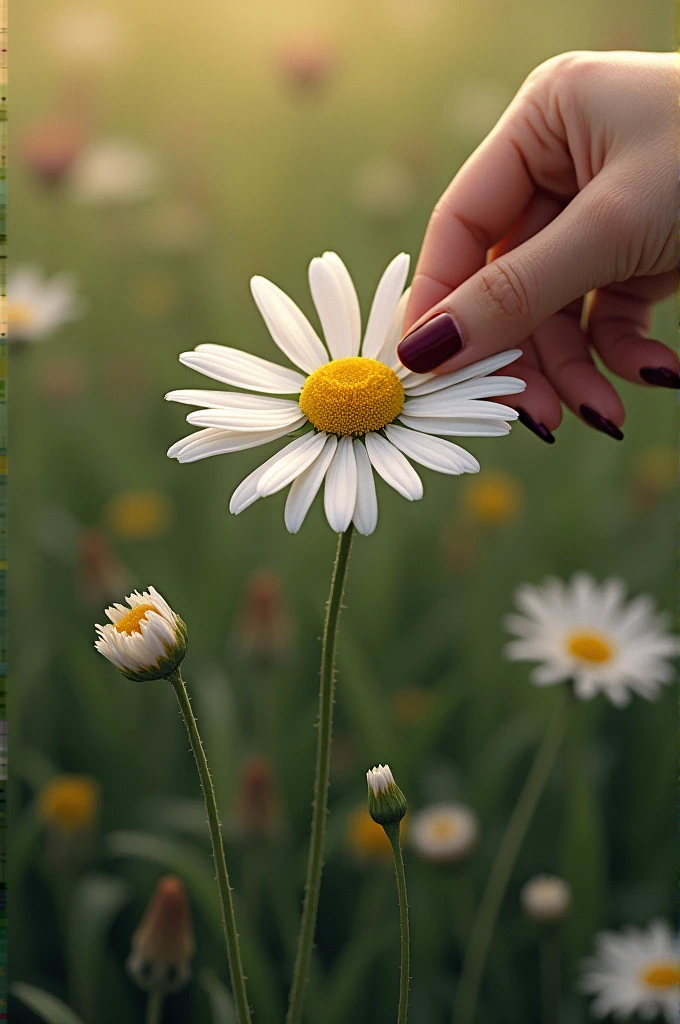 An image of a twelve-petal daisy with two petals already missing and a female hand with dark red nail polish pulling on another petal as if in play "I loved myself" with a field of flowers in the background