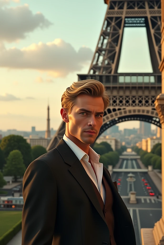 A handsome blond man with green eyes in front of the Paris tower
