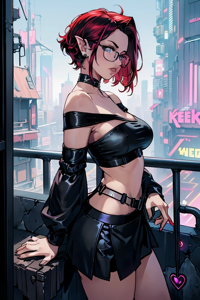 1girl, beautiful elf woman, ((Short Red Hair, Straight, has shine)) Blue eyes, double eyelids, light effect on eyes, detailed irises, beautiful curvy body, glasses, ((Off the Shoulder sleeveless Black top with mini skirt: 1.5)), black choker, black panties, black high heels, ((Work of art, hyper-realistic, hyper detailed, Best Quality, 16k, light and shadow on skin, vivid colors)), ((standing at balcony overlooking cyberpunk city, hands resting on balcony leaning onto it: 1.5)), Lustful Expression, ((Hands resting on top of chest)) perfect lips, sexy mature face, lots of freckles all over body, full pouty lips, extreme blush, sensual smile, ((Night)), moonlit sky, Flirting with the viewer, Looking at viewer, Flirty Lewd Smile, ((Large Breasts: 1.2)) ((Full Side View))
