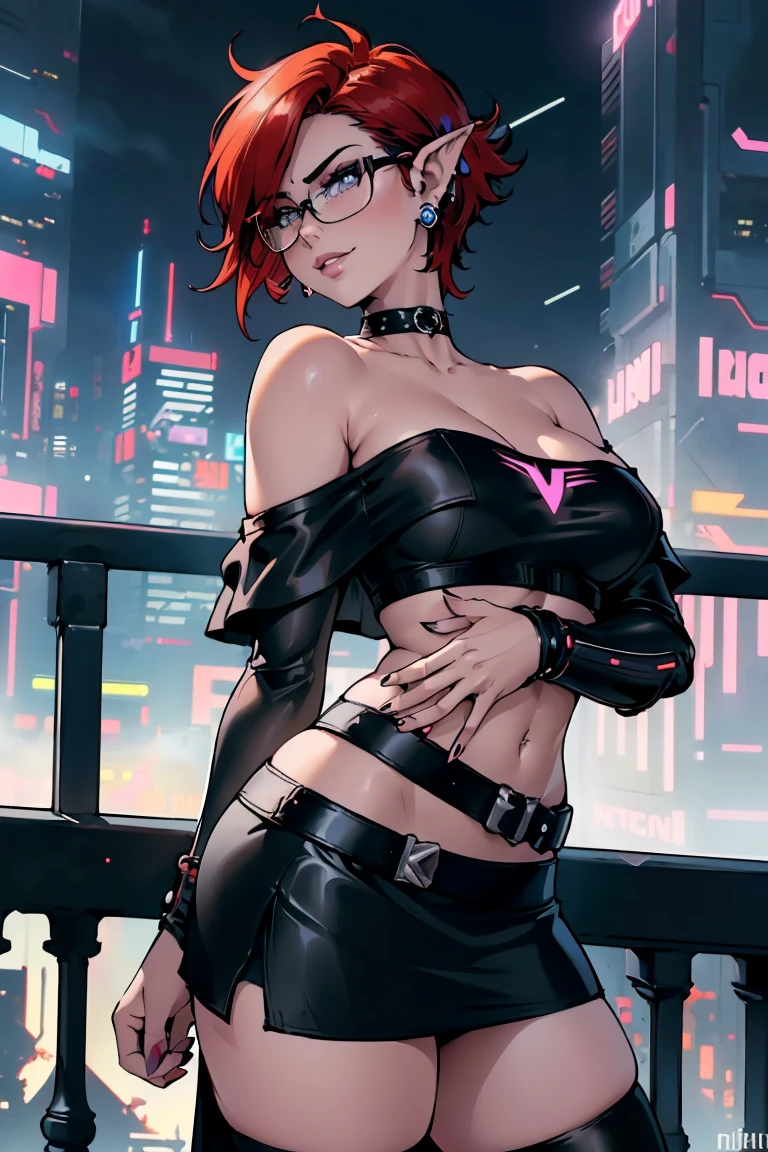 1girl, beautiful elf woman, ((Short Red Hair, Straight, has shine)) Blue eyes, double eyelids, light effect on eyes, detailed irises, beautiful curvy body, glasses, ((Off the Shoulder sleeveless Black top with mini skirt: 1.5)), black choker, black panties, black high heels, ((Work of art, hyper-realistic, hyper detailed, Best Quality, 16k, light and shadow on skin, vivid colors)), ((standing at balcony overlooking cyberpunk city, hands resting on balcony leaning onto it: 1.5)), Lustful Expression, ((Hands resting on top of chest)) perfect lips, sexy mature face, lots of freckles all over body, full pouty lips, extreme blush, sensual smile, ((Night)), moonlit sky, Flirting with the viewer, Looking at viewer, Flirty Lewd Smile, ((Large Breasts: 1.2)) ((Full Side View))
