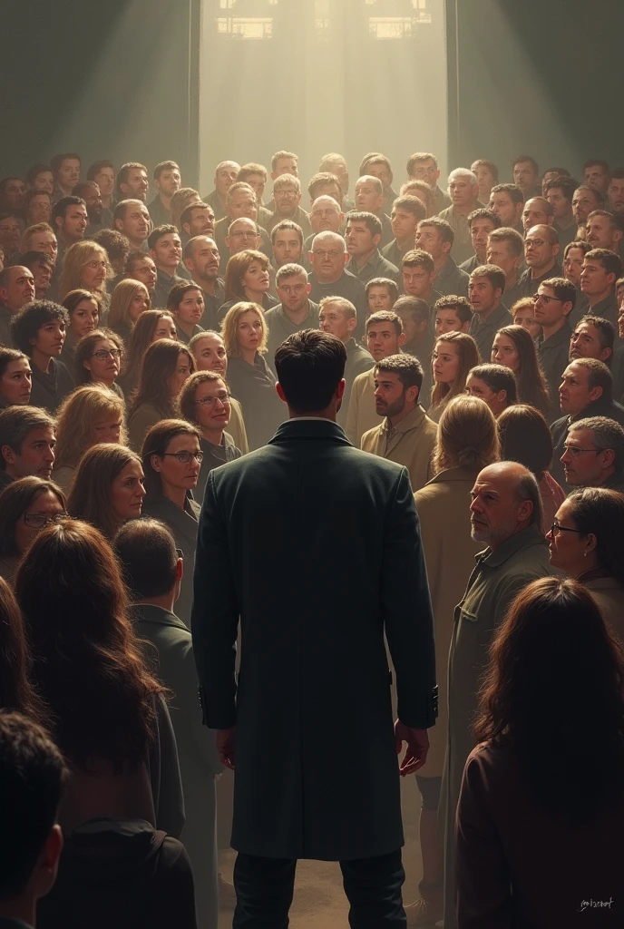 Image Idea 1: A person standing confidently in front of a crowd, with some individuals showing disapproval and others showing support.