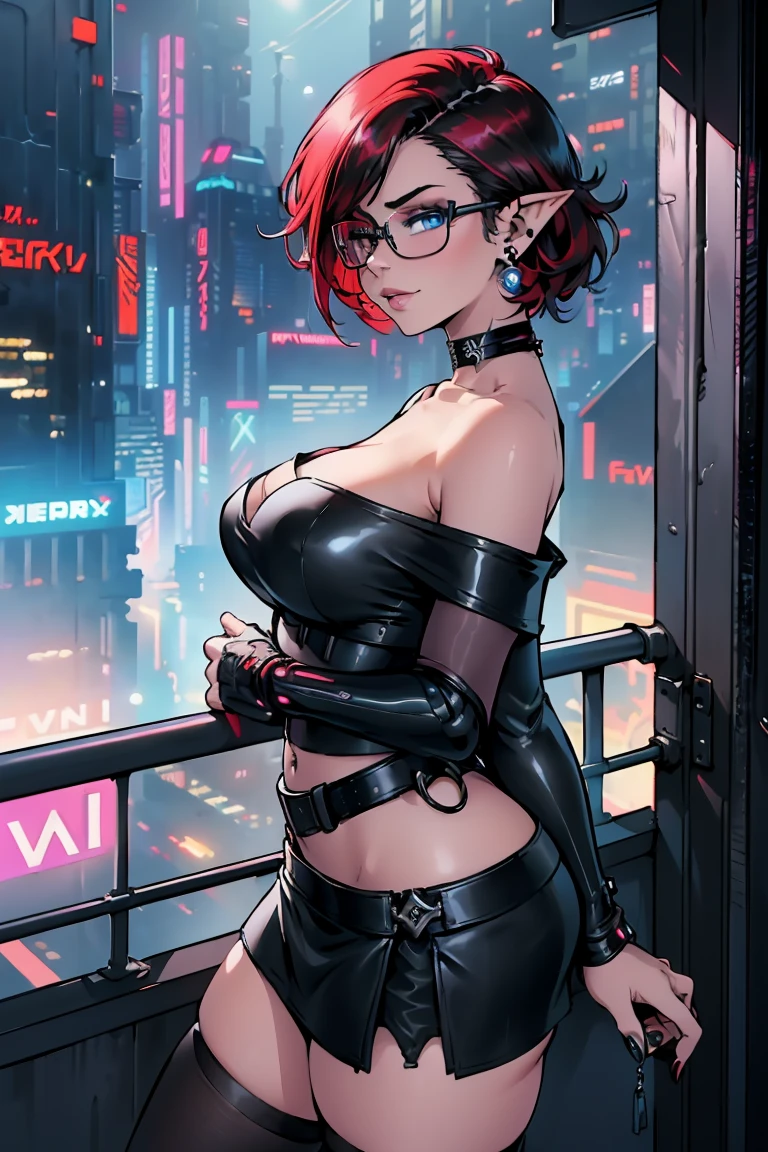 1girl, beautiful elf woman, ((Short Red Hair, Straight, has shine)) Blue eyes, double eyelids, light effect on eyes, detailed irises, beautiful curvy body, glasses, ((Off the Shoulder sleeveless Black top with mini skirt: 1.5)), black choker, black panties, black high heels, ((Work of art, hyper-realistic, hyper detailed, Best Quality, 16k, light and shadow on skin, vivid colors)), ((standing at balcony overlooking cyberpunk city, hands resting on balcony leaning onto it: 1.5)), Lustful Expression, ((Hands resting on top of chest)) perfect lips, sexy mature face, lots of freckles all over body, full pouty lips, extreme blush, sensual smile, ((Night)), moonlit sky, Flirting with the viewer, Looking at viewer, Flirty ???? Smile, ((Large Breasts: 1.2)) ((Full Side View))