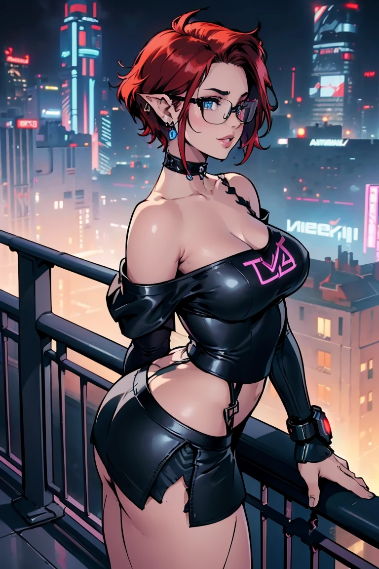 1girl, beautiful elf woman, ((Short Red Hair, Straight, has shine)) Blue eyes, double eyelids, light effect on eyes, detailed irises, beautiful curvy body, glasses, ((Off the Shoulder sleeveless Black top with mini skirt: 1.5)), black choker, black panties, black high heels, ((Work of art, hyper-realistic, hyper detailed, Best Quality, 16k, light and shadow on skin, vivid colors)), ((standing at balcony overlooking cyberpunk city, hands resting on balcony leaning onto it: 1.5)), Lustful Expression, ((Hands resting on top of chest)) perfect lips, sexy mature face, lots of freckles all over body, full pouty lips, extreme blush, sensual smile, ((Night)), moonlit sky, Flirting with the viewer, Looking at viewer, Flirty Lewd Smile, ((Large Breasts: 1.2)) ((Full Side View))