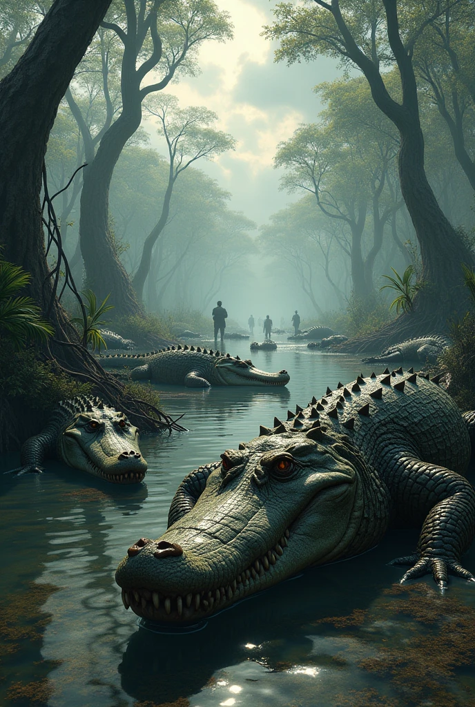 An evocative scene highlighting the power of nature on Ramree Island. A vast, sprawling swamp stretches out under a cloudy sky, with towering mangroves dominating the landscape. In the foreground, the scene focuses on a group of large, ancient-looking saltwater crocodiles, half-submerged in the muddy water, their scales rough and weathered. In the background, a small, vulnerable group of Japanese soldiers can be seen, almost insignificant against the overwhelming force of nature that surrounds them
