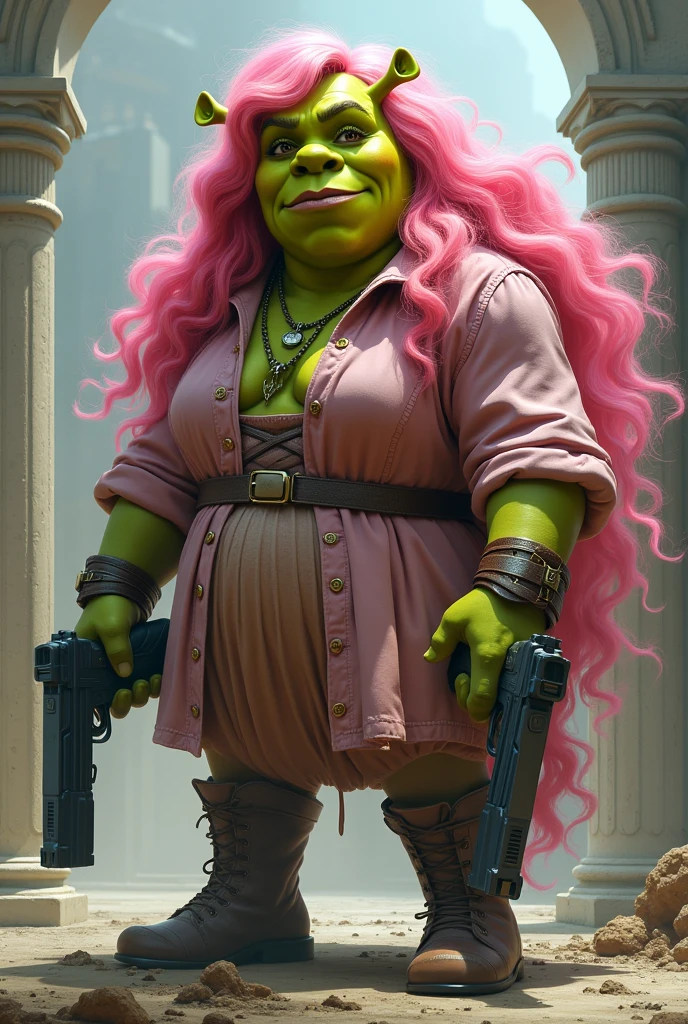 Shrek with woman hair in pink clothes with two guns in hand