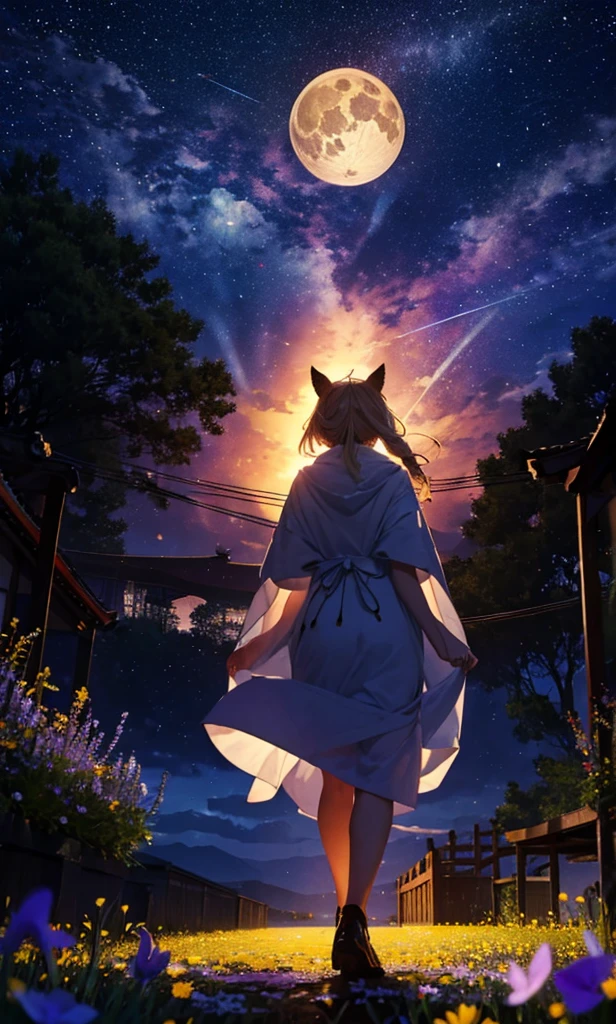1people々々々々々々々々々々々々々々々々々々々,Woman with medium length blonde hair,Fox Ears,Long coat,Takageta, Dress Silhouette, Rear View,Space Sky, Flower Field,Colorful flowers,Dancing Petals,full moon,shrine,