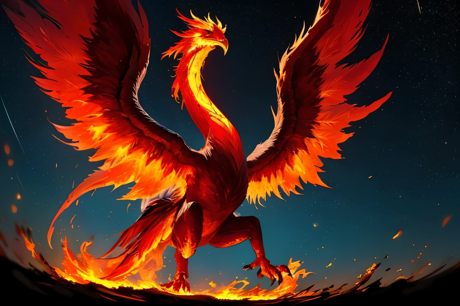 best quality, masterpiece, (A battered red phoenix that was slammed to the ground spreads its wings again:1.5)、(King Ghidorah style)、(Fire Daruma)、(fireball)、(Head looking up to the sky)、(Phoenix feathers fly into the sky in great numbers.:1.5)、(Sharp Eyes:1.3)、(Sharp beak)、(low angle:1.3)、(In the Fire)、(Backlight)、(The sky is deep darkness)、(Phoenix:1.5)、(Starry Sky:1.5)