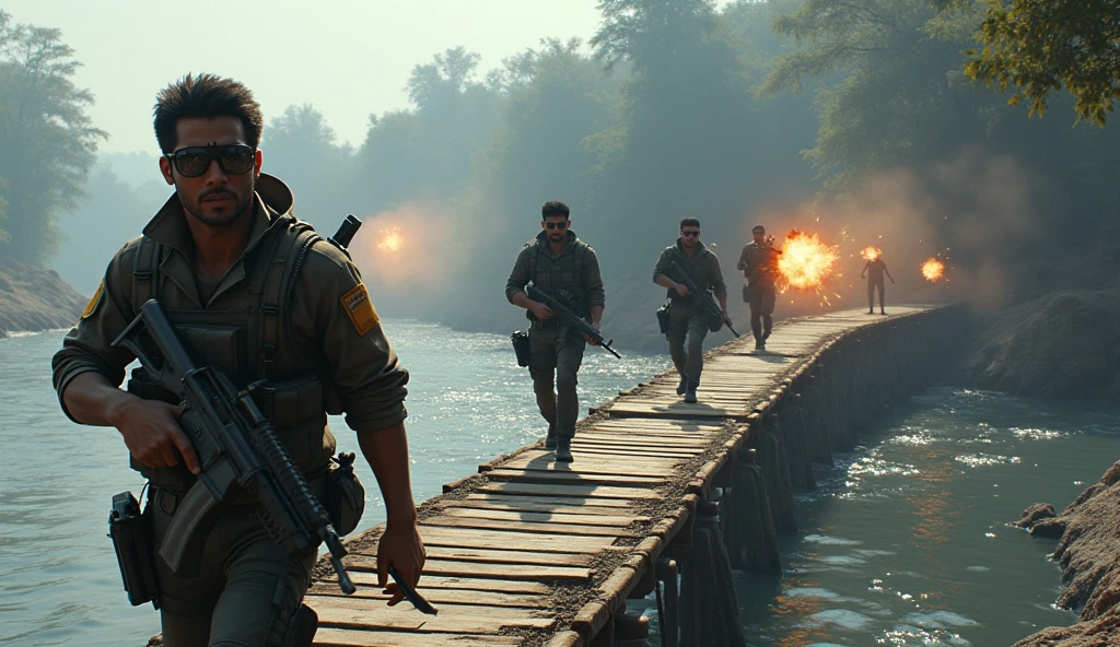 Scene 8: Location: Riverside*
Alok Free Fire leads his team across a bridge, his sunglasses hiding his determination. They fend off snipers from the far bank, making it across safely.