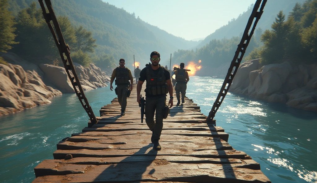 Scene 8: Location: Riverside*
Alok Free Fire leads his team across a bridge, his sunglasses hiding his determination. They fend off snipers from the far bank, making it across safely.